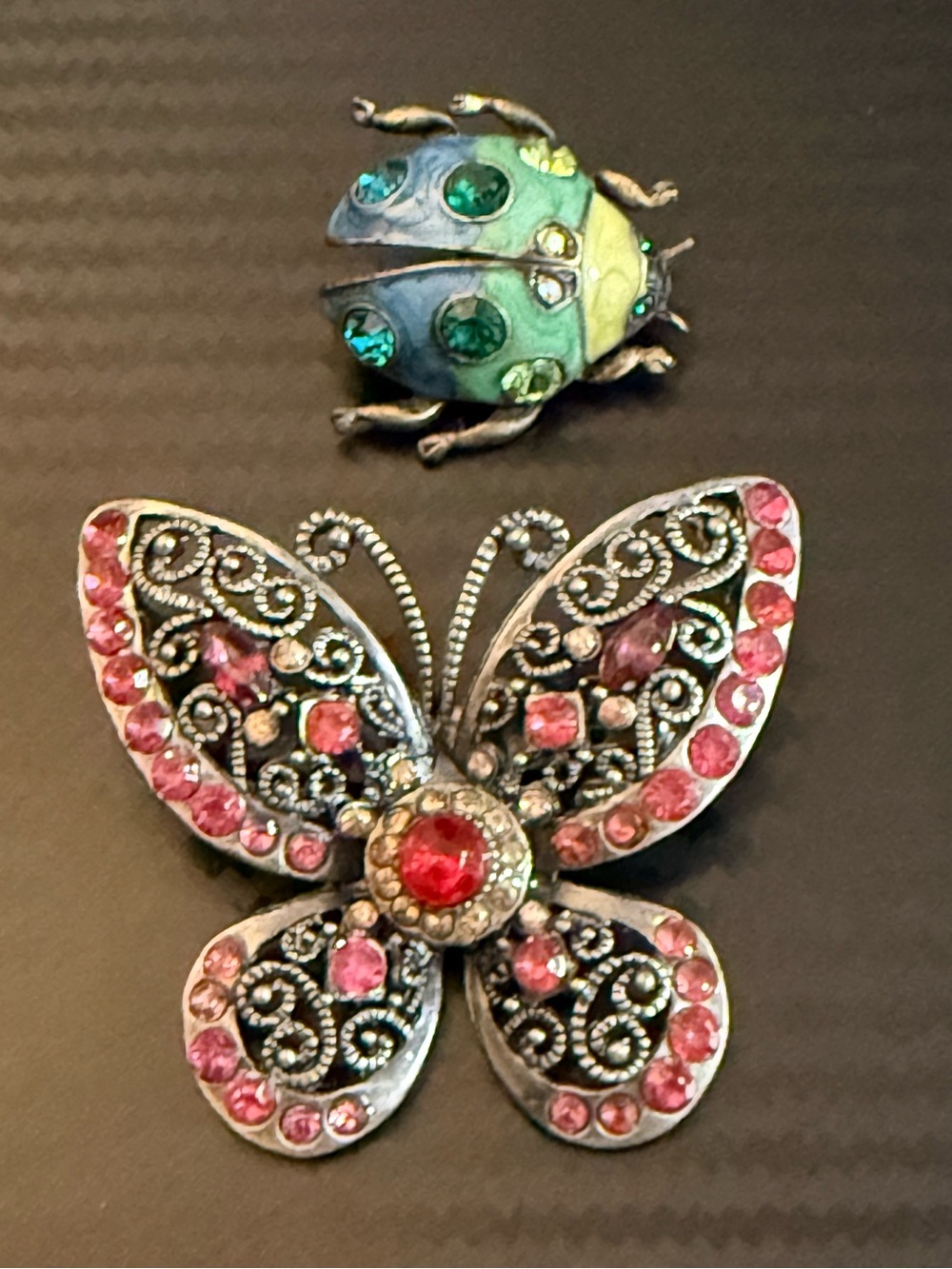 Pink Crystal Butterfly and Green Ladybug Brooch Set